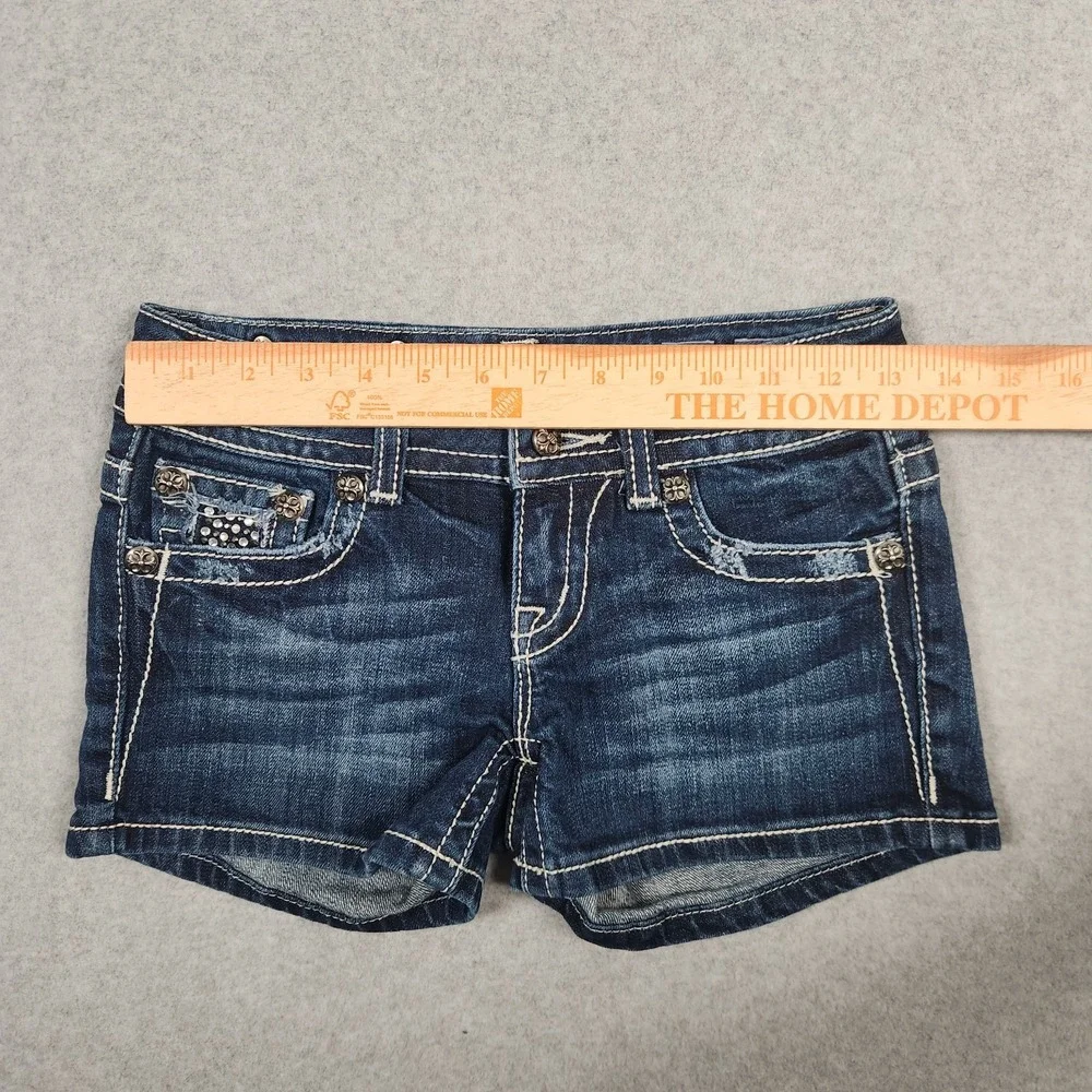 Miss Me Denim Jean Shorts Size 25 Blue Embellished Rhinestones Studded Flap - Picture 11 of 15